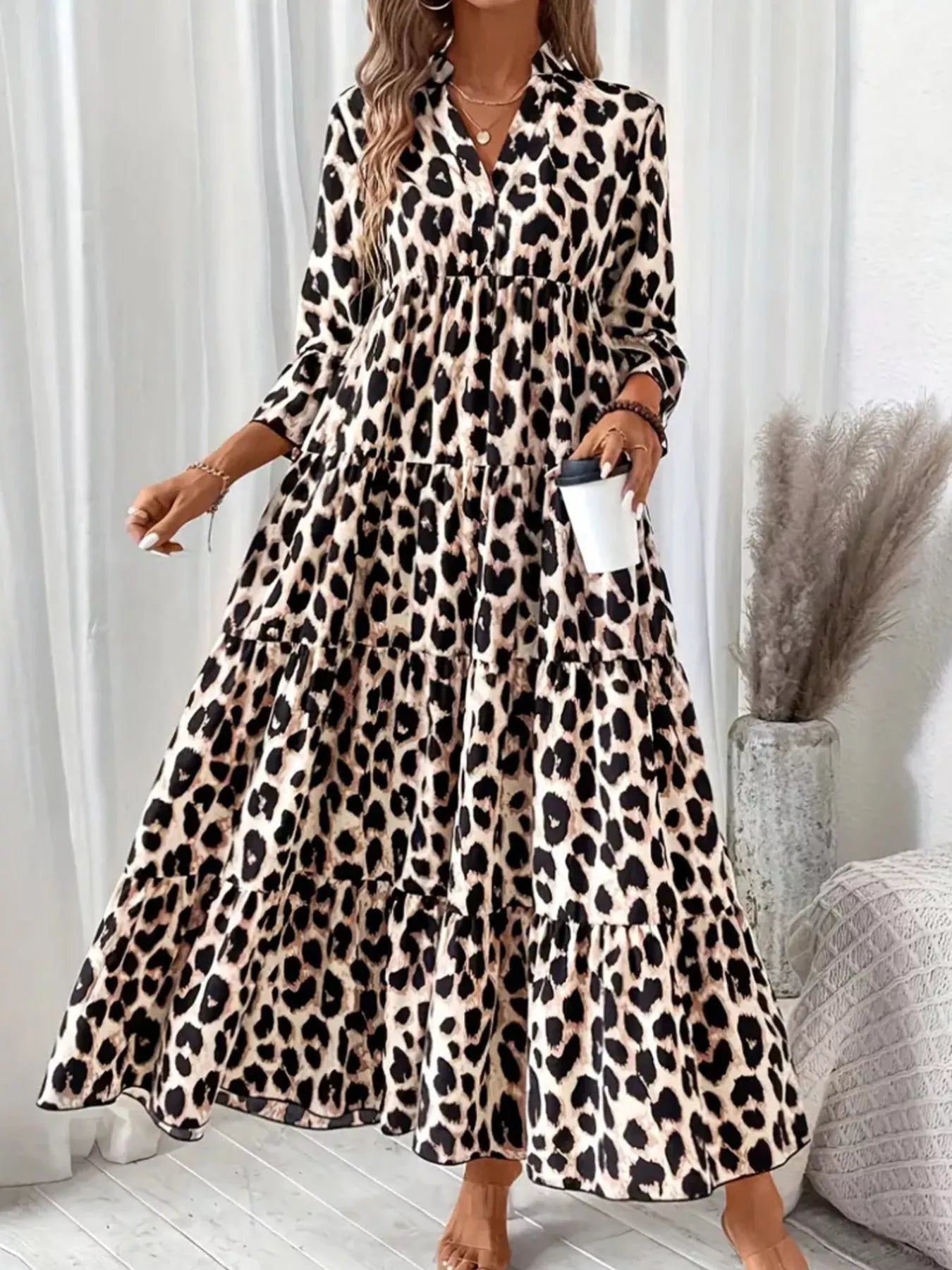 Leopard 3/4 Sleeve Midi Dress OutfitFlow