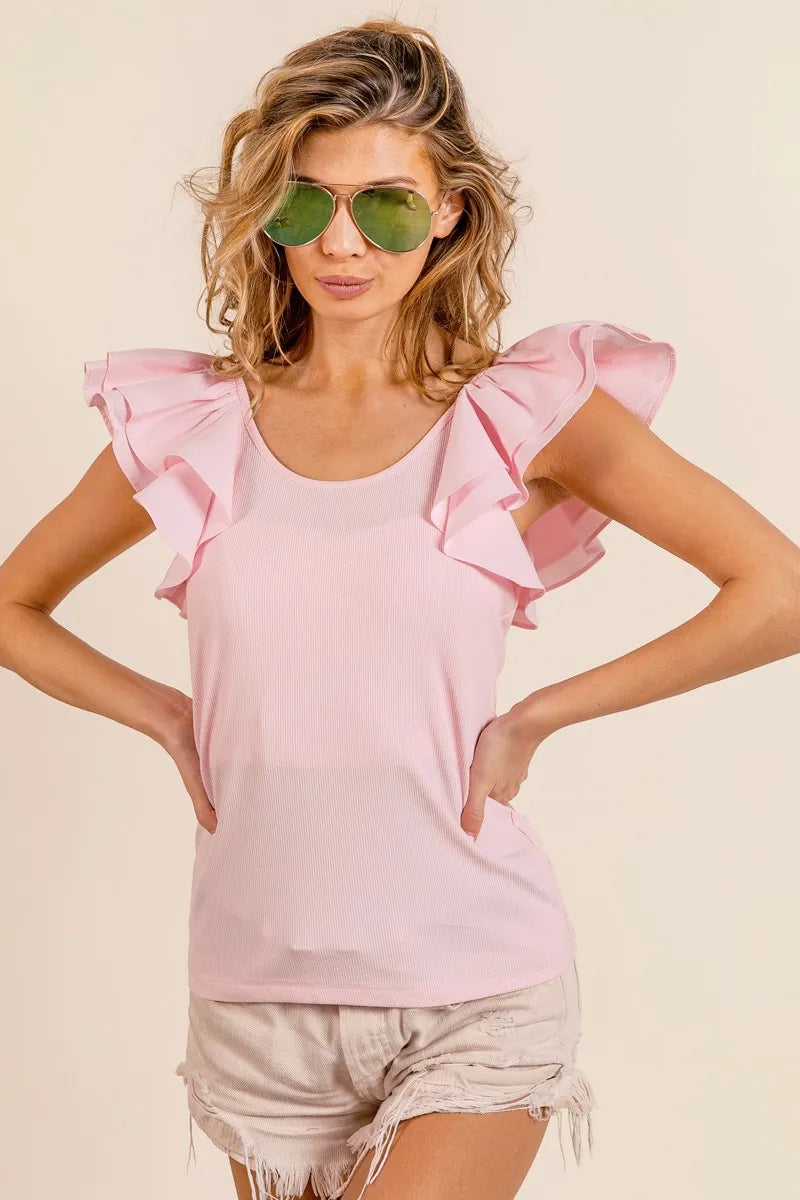 BiBi Wide Layered Ruffle Sleeve Scoop Neck Ribbed Top OutfitFlow