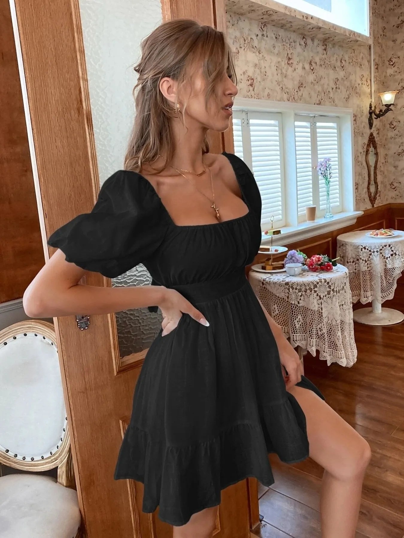 Square Neck Puff Sleeve Mini Dress OutfitFlow