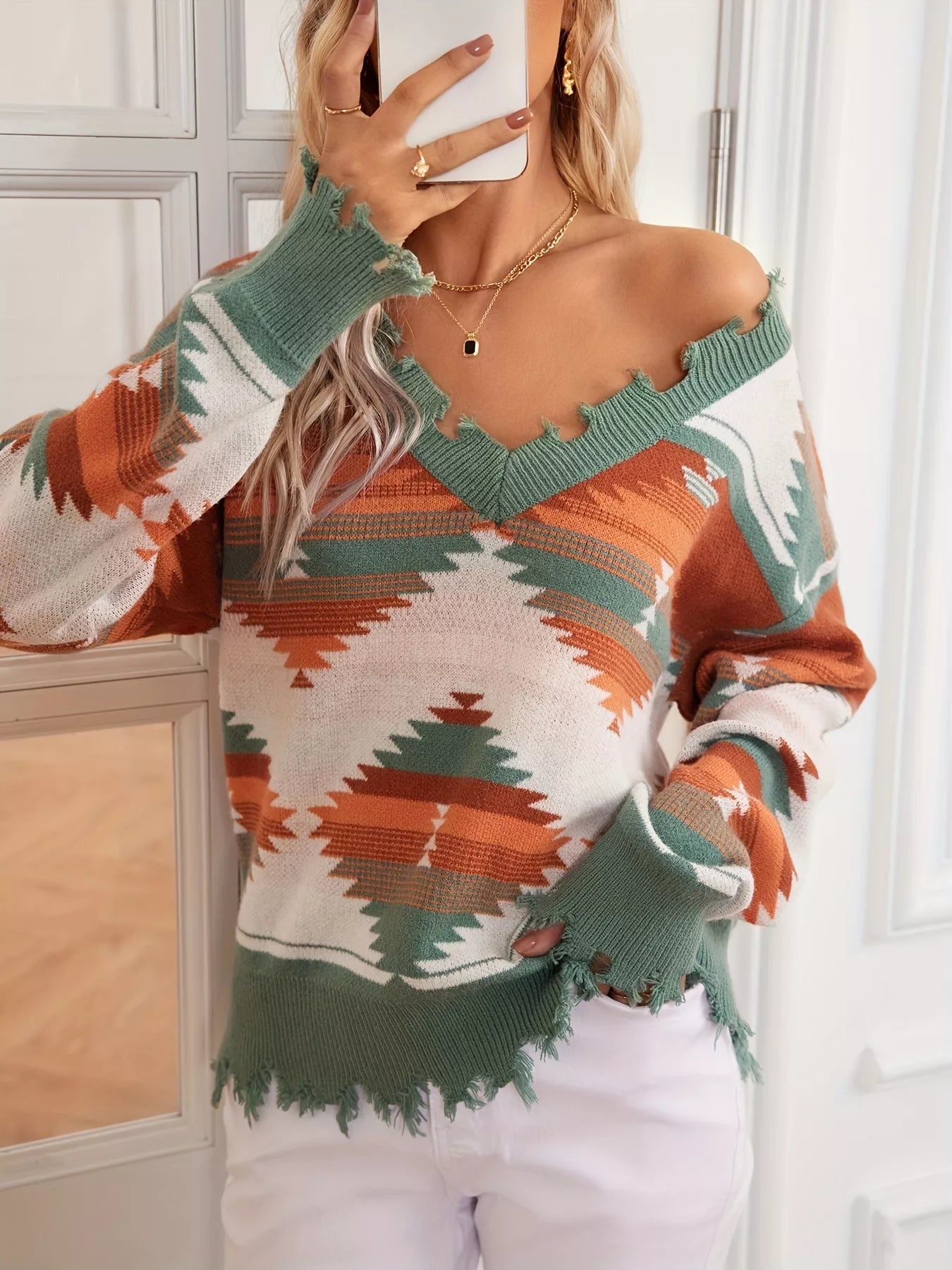 Geometric Frayed Hem V-Neck Long Sleeve Sweater OutfitFlow