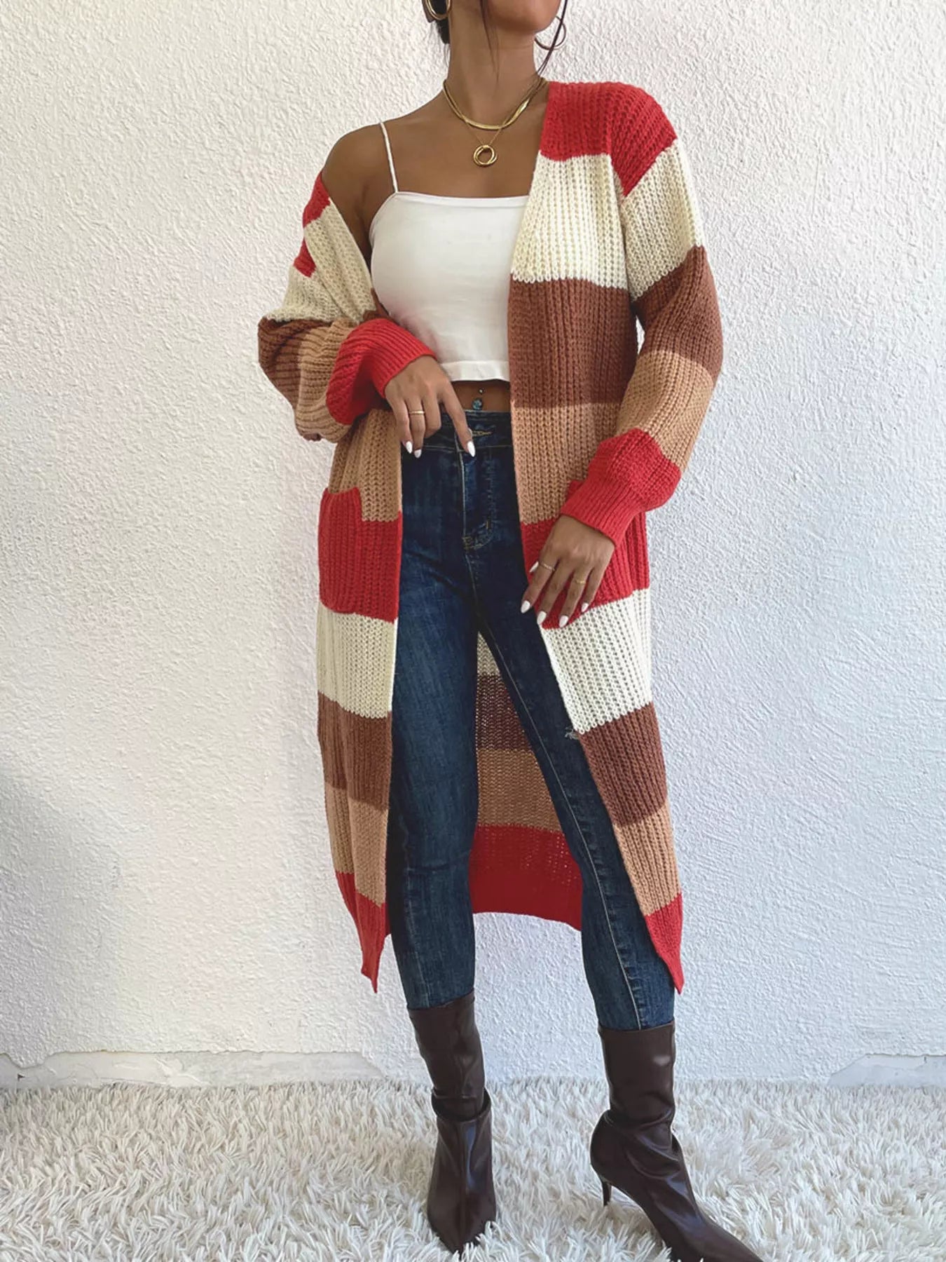 Striped Color Block Open Front Knit Cardigan Trendsi