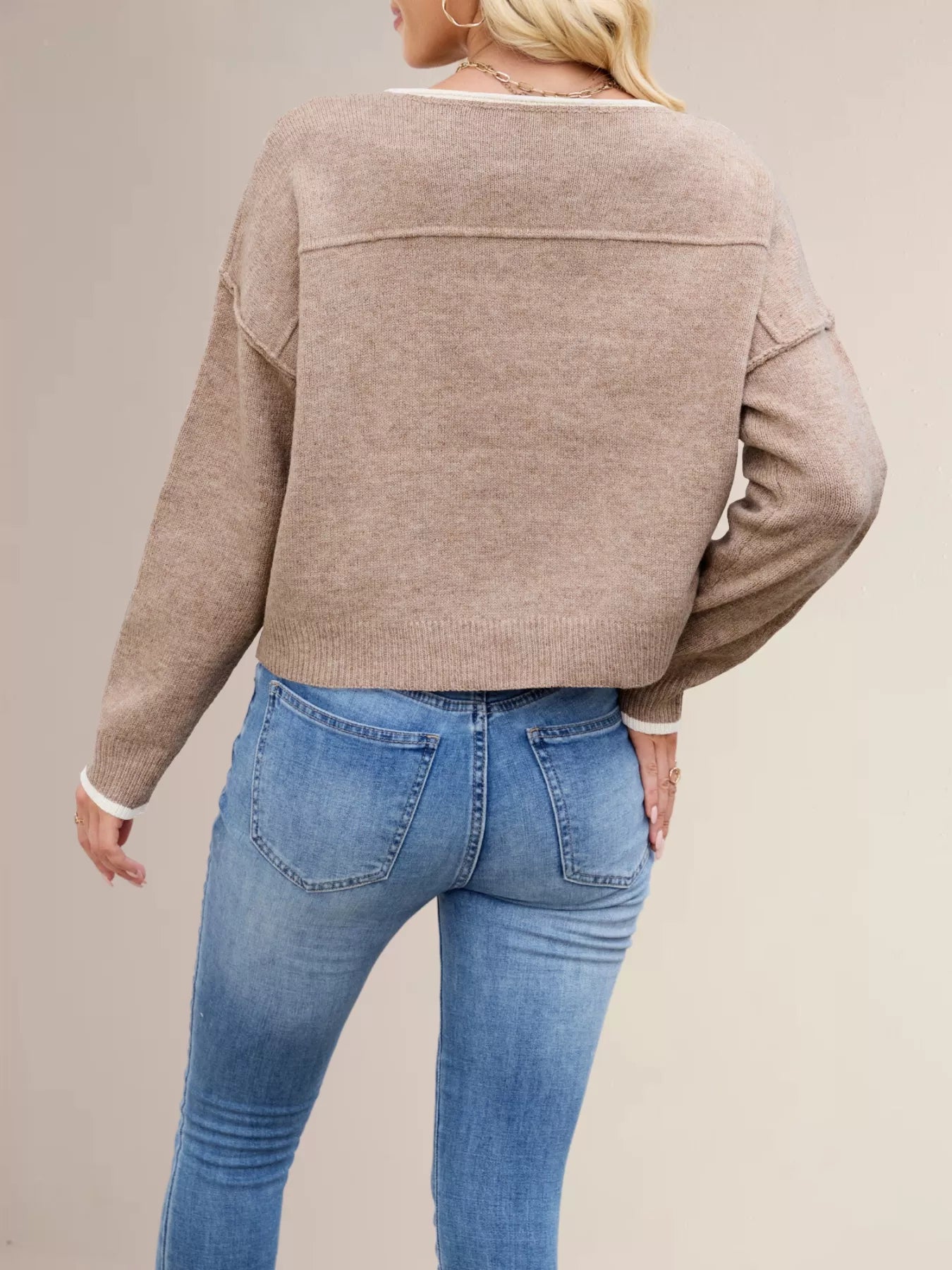 Round Neck Dropped Shoulder Sweater OutfitFlow