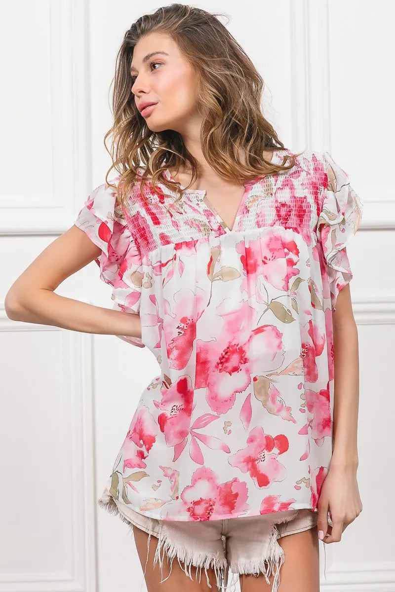 BiBi Floral Print Flutter Sheer Top OutfitFlow