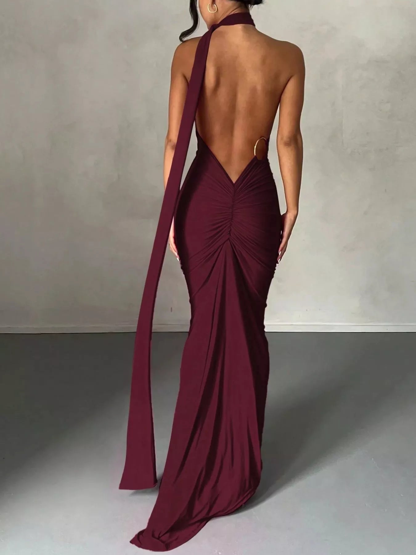 Backless One-Shoulder Ruched Bodycon Maxi Dress OutfitFlow