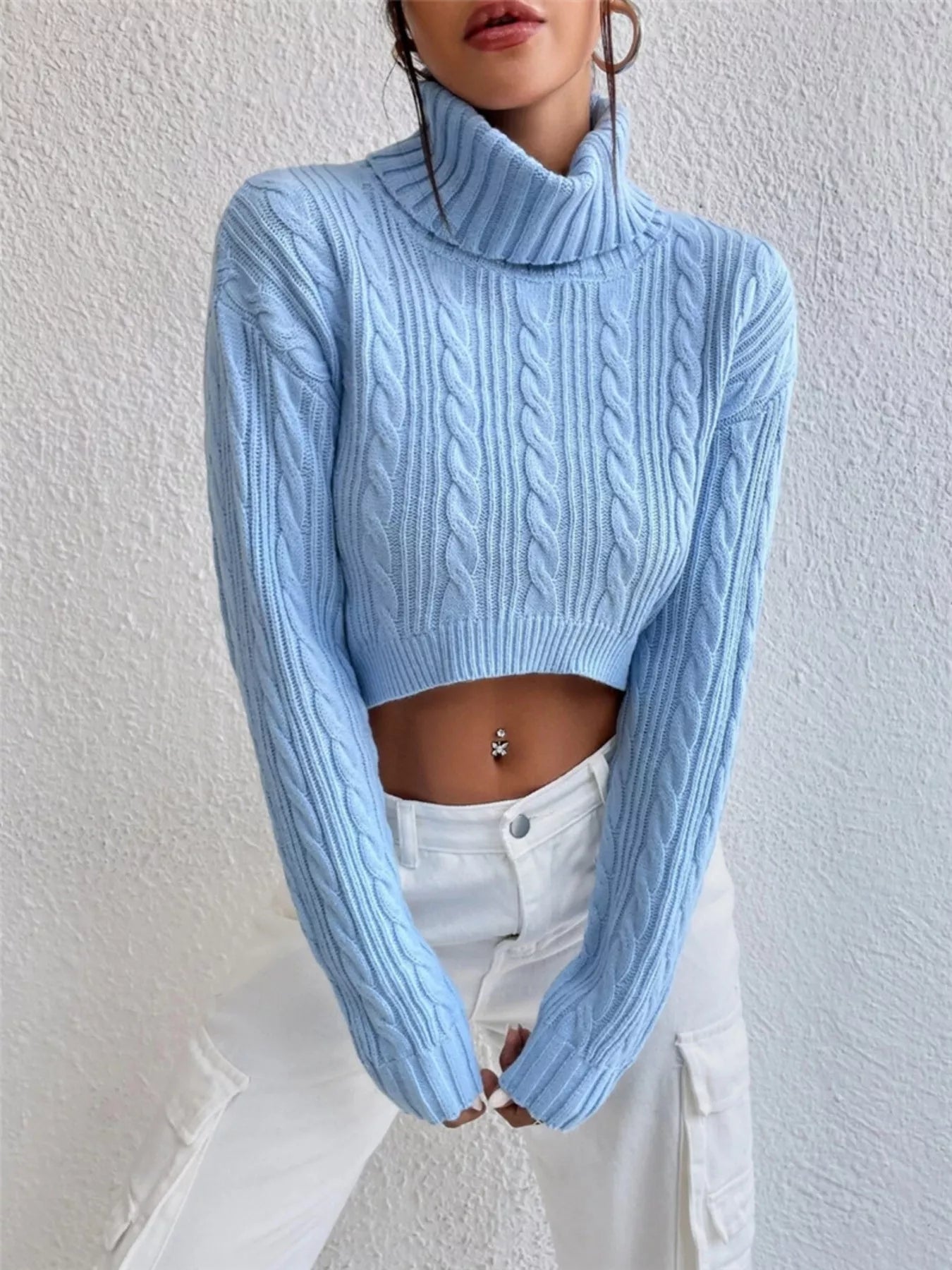 Cable-Knit Turtleneck Long Sleeve Sweater Light Blue OutfitFlow