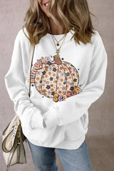 Pumpkin Graphic Long Sleeve Sweatshirt White OutfitFlow