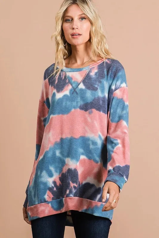 BiBi Tie Dye French Terry Pull Over with Front Stitching Detail MULTI OutfitFlow