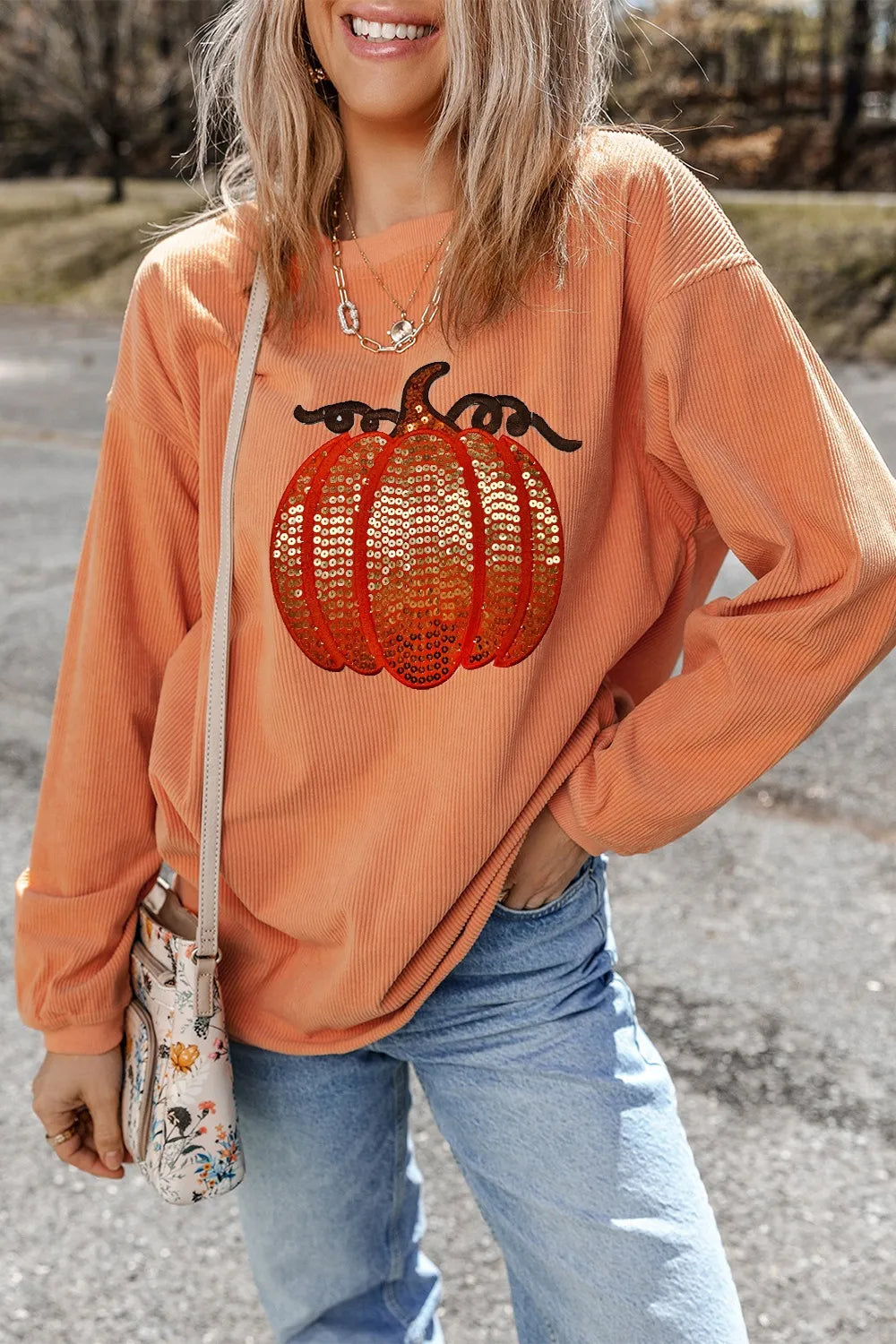 Sequin Pumpkin Round Neck Long Sleeve Sweatshirt OutfitFlow