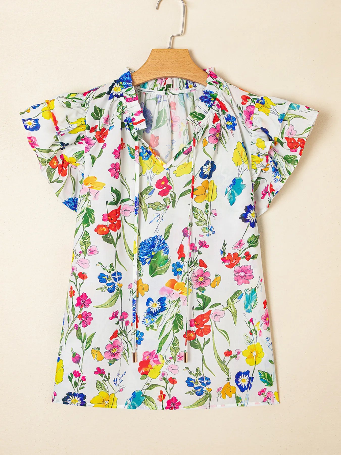 Floral Print Ruffle Layered Short Sleeve Blouse OutfitFlow