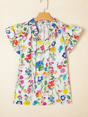 Floral Print Ruffle Layered Short Sleeve Blouse OutfitFlow