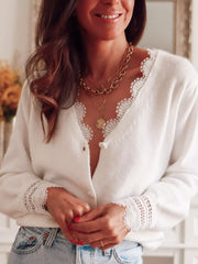 Lace Trim V-Neck Cardigan Trendsi