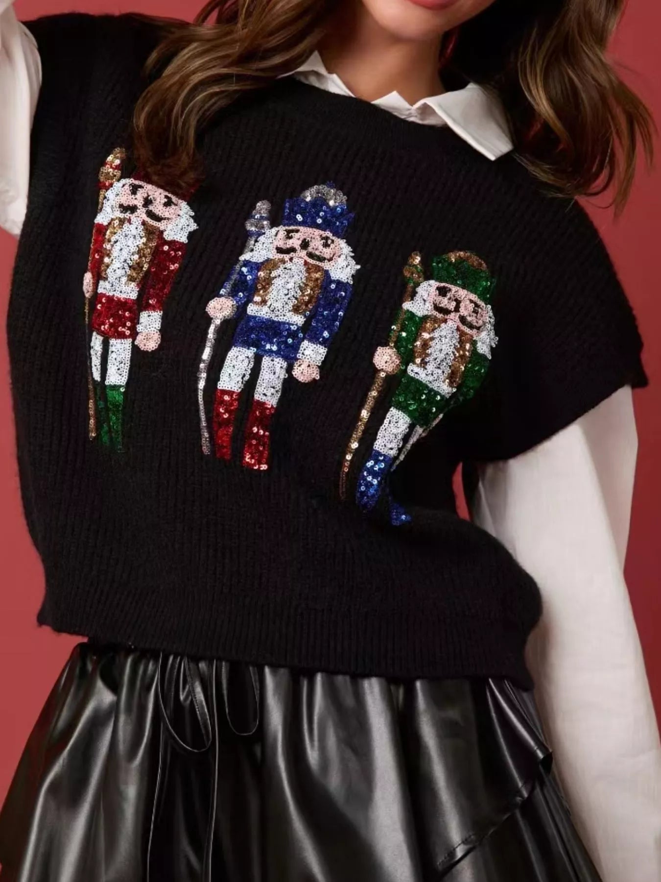 Christmas Sequin Round Neck Sweater Vest OutfitFlow