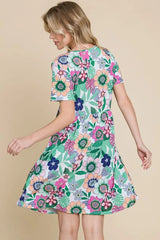 BOMBOM Ruched Floral V-Neck Short Sleeve Dress OutfitFlow