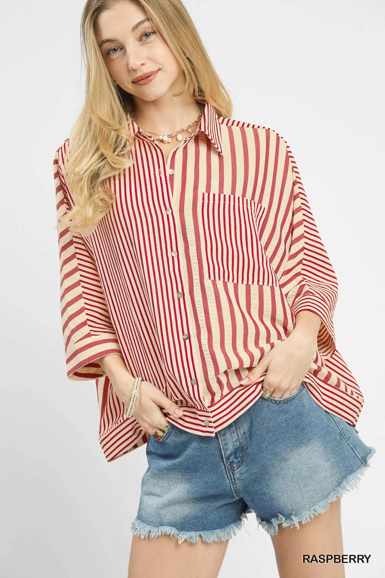 Umgee Mixed Stripe Oversized Button Down Top RASPBERRY OutfitFlow