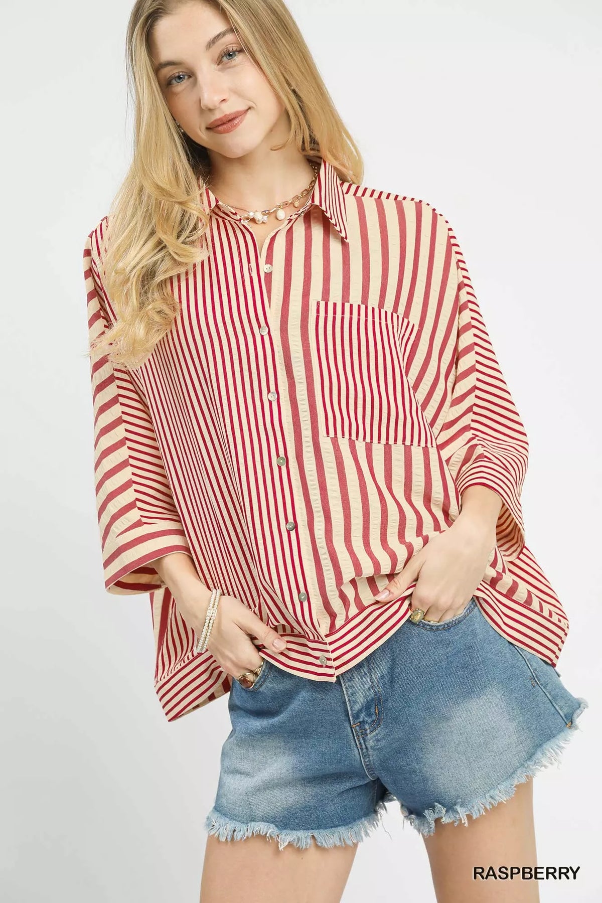 Umgee Mixed Stripe Oversized Button Down Top RASPBERRY OutfitFlow