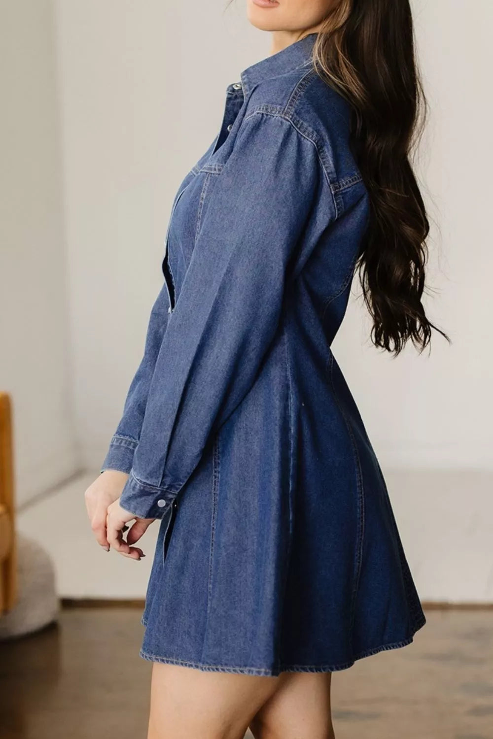 Denim Shirt Collar Long Sleeve Flared Mini Dress Trendsi