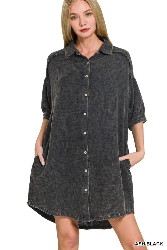 Zenana Washed Double Gauze Button Down Shirt Dress OutfitFlow