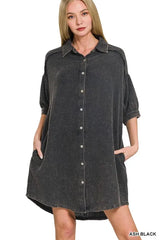 Zenana Washed Double Gauze Button Down Shirt Dress OutfitFlow
