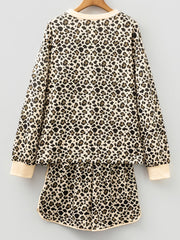 Leopard Print Contrast Trim Long Sleeve Pullover and Drawstring Shorts 2pcs Outfit OutfitFlow