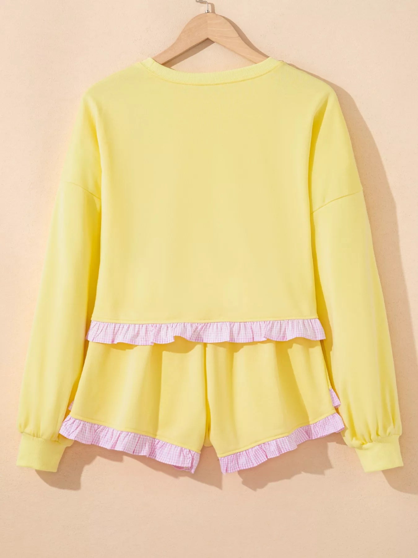 Contrast Frill Hem Round Neck Top and Shorts Set OutfitFlow