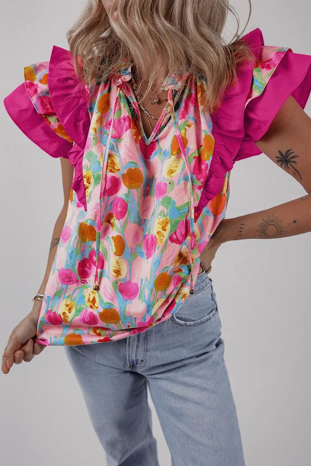 Floral Ruffle Layered Sleeve Blouse Hot Pink OutfitFlow