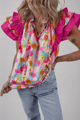 Floral Ruffle Layered Sleeve Blouse Hot Pink OutfitFlow