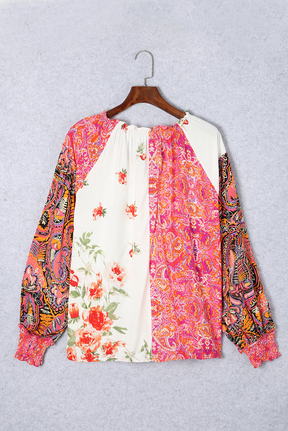 Outfit Flow - Frill Floral Shirred Cuff Long Sleeve Blouse