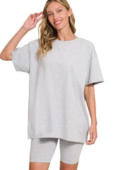 Zenana Cotton Round Neck Top & Biker Shorts H GREY OutfitFlow