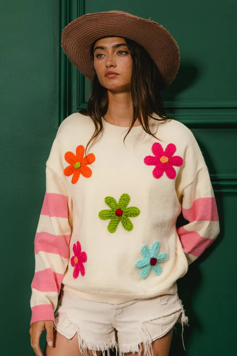 BiBi Colorful Floral Patched Sweater with Striped Sleeve OutfitFlow