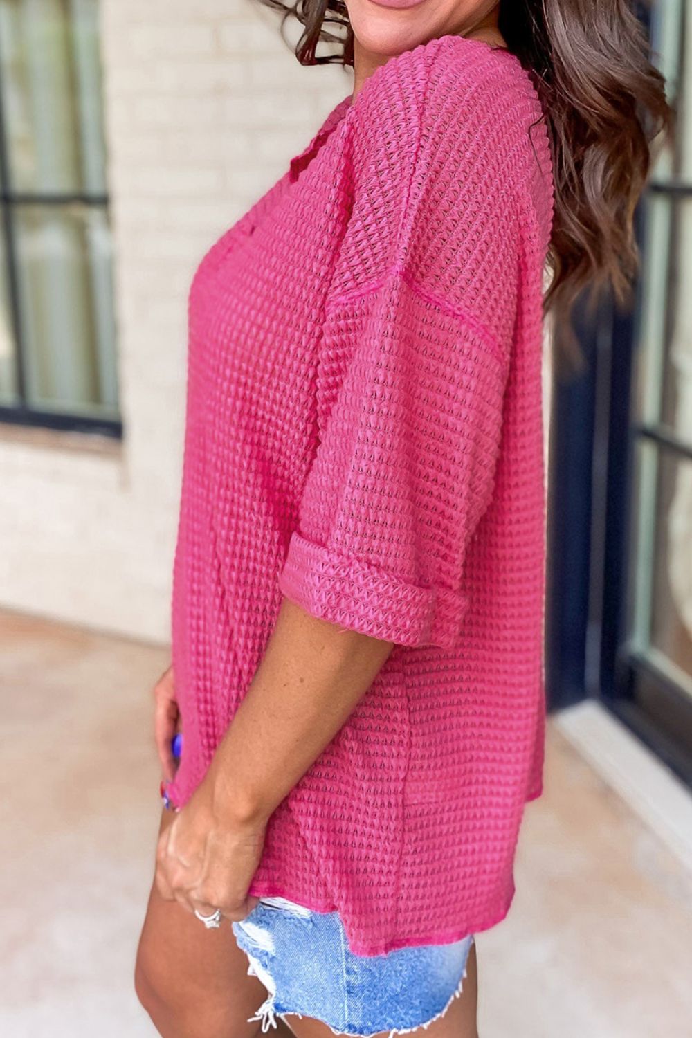 Textured Cuffed Short Sleeve Top OutfitFlow