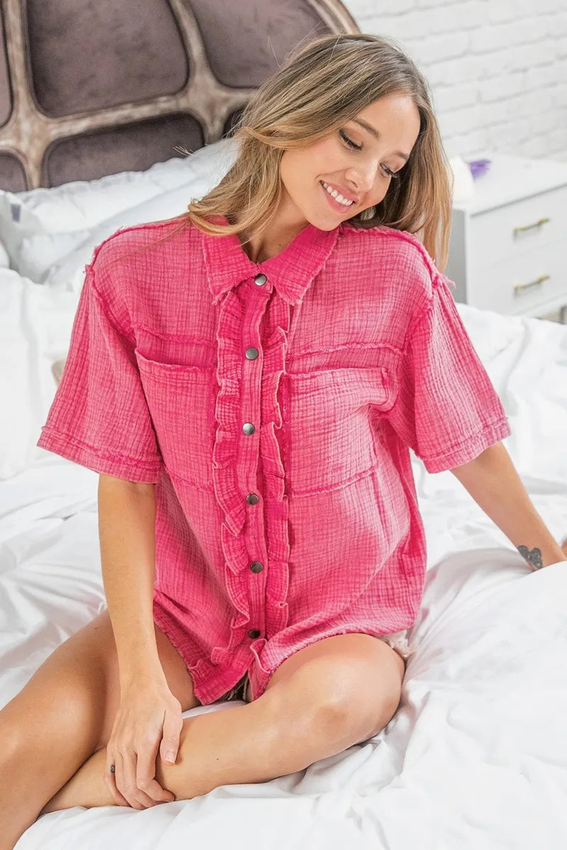 BiBi Mineral Washed Wrinkle Gauze Raw Edge Shirt Top OutfitFlow