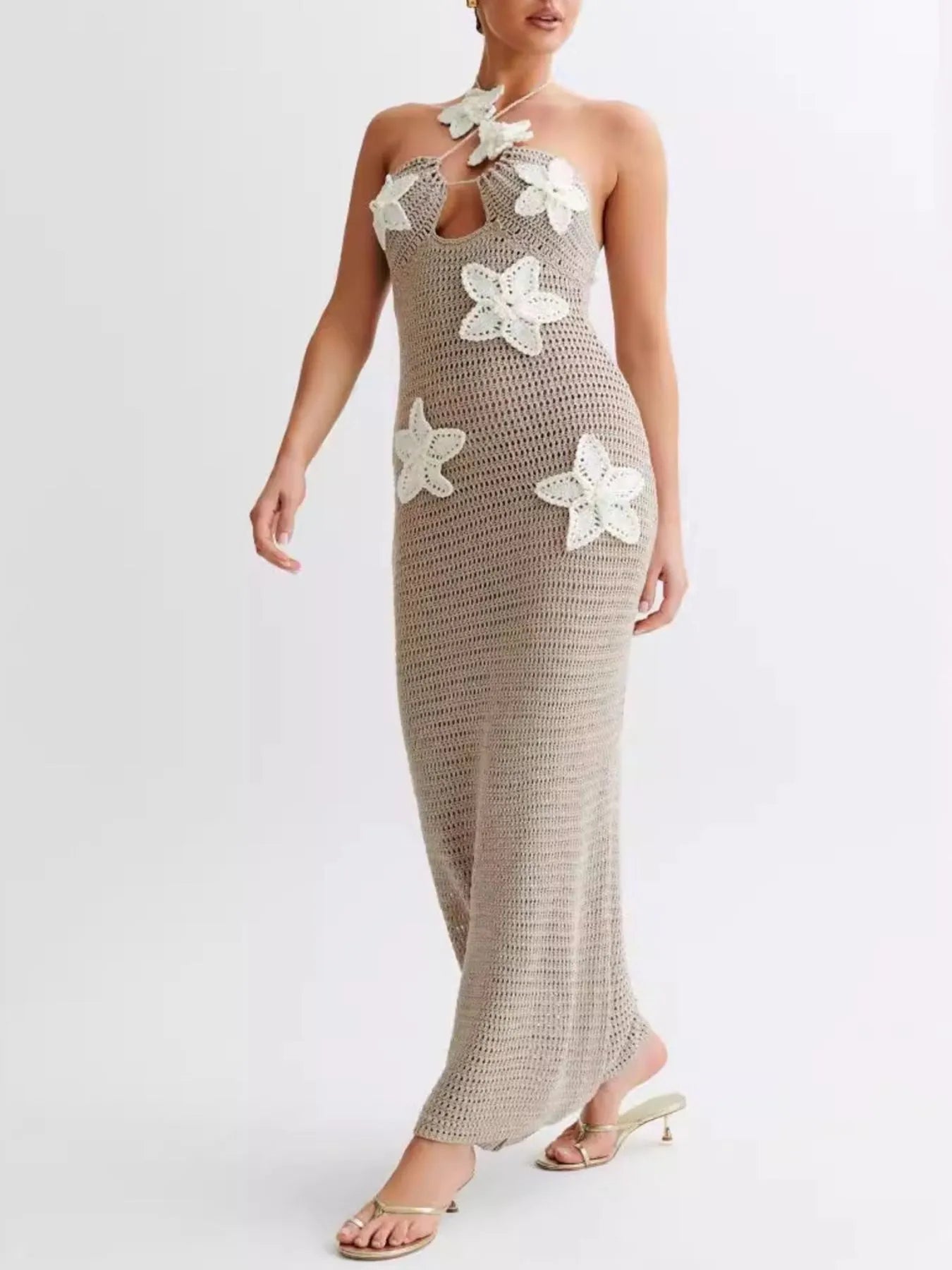 Crochet Floral Halter Knit Cover Up Dress OutfitFlow