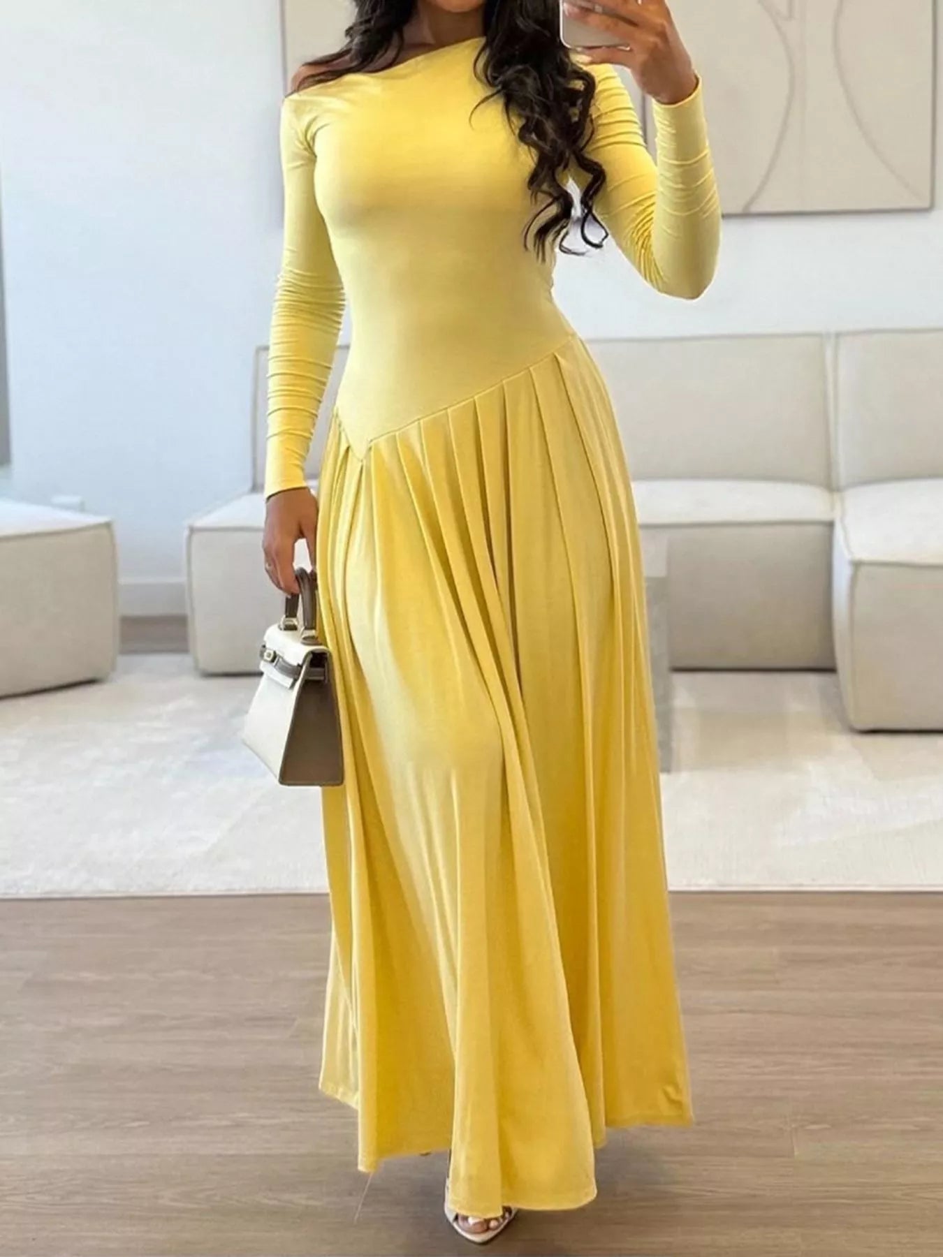 Ruched One Shoulder Long Sleeve Dress OutfitFlow