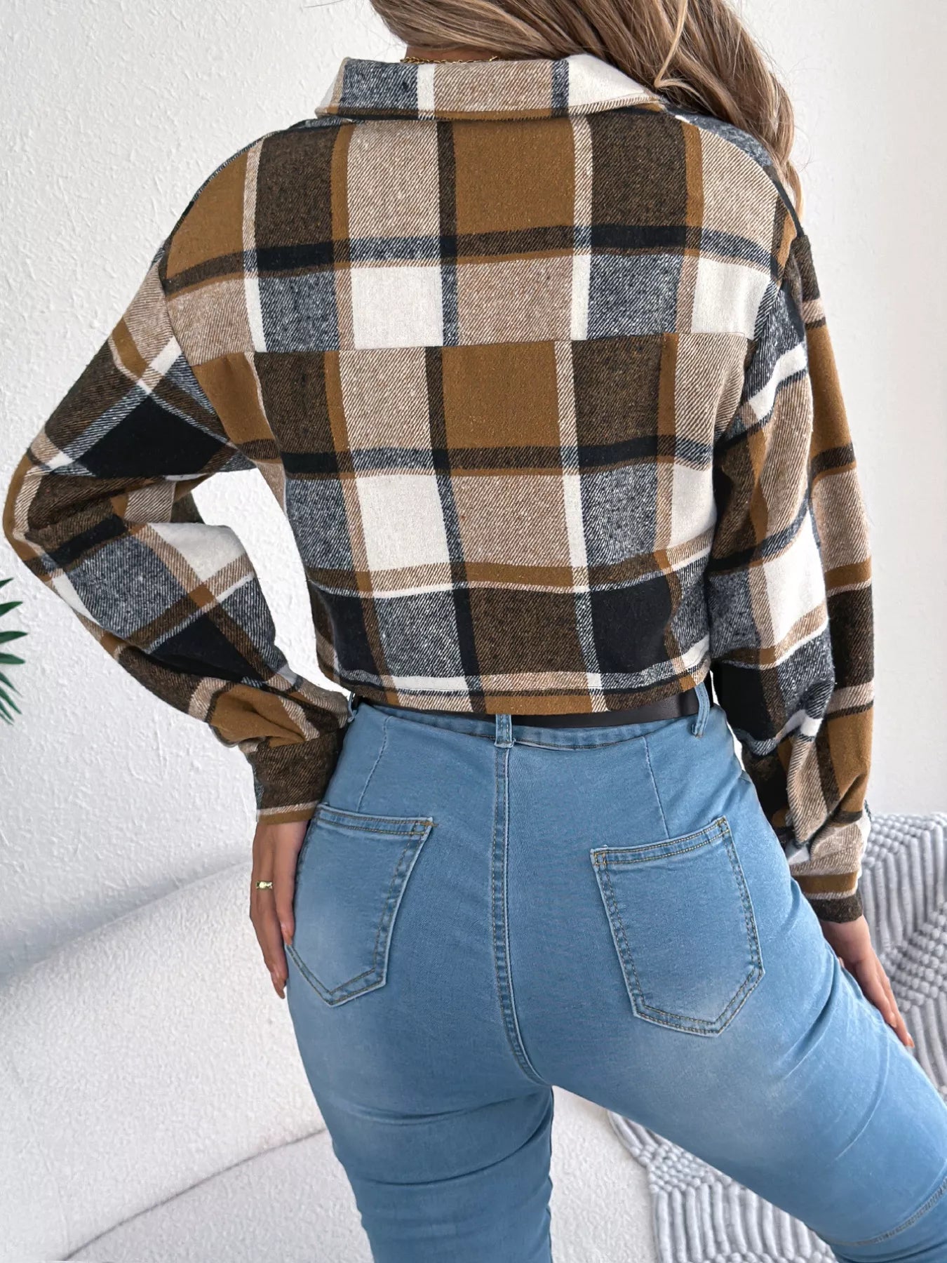 Plaid Button Up Cropped Jacket Trendsi