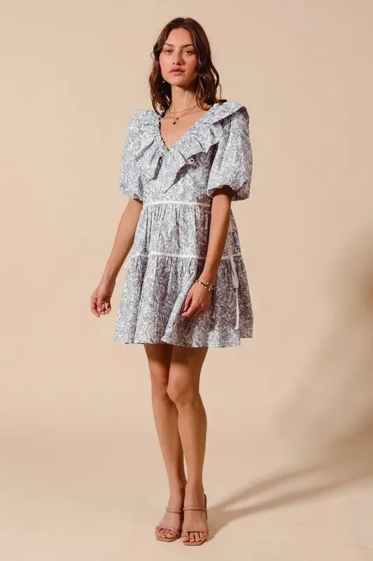 SO ME Cotton Printed Ruffle V Neckline Dress with Side Tie OutfitFlow