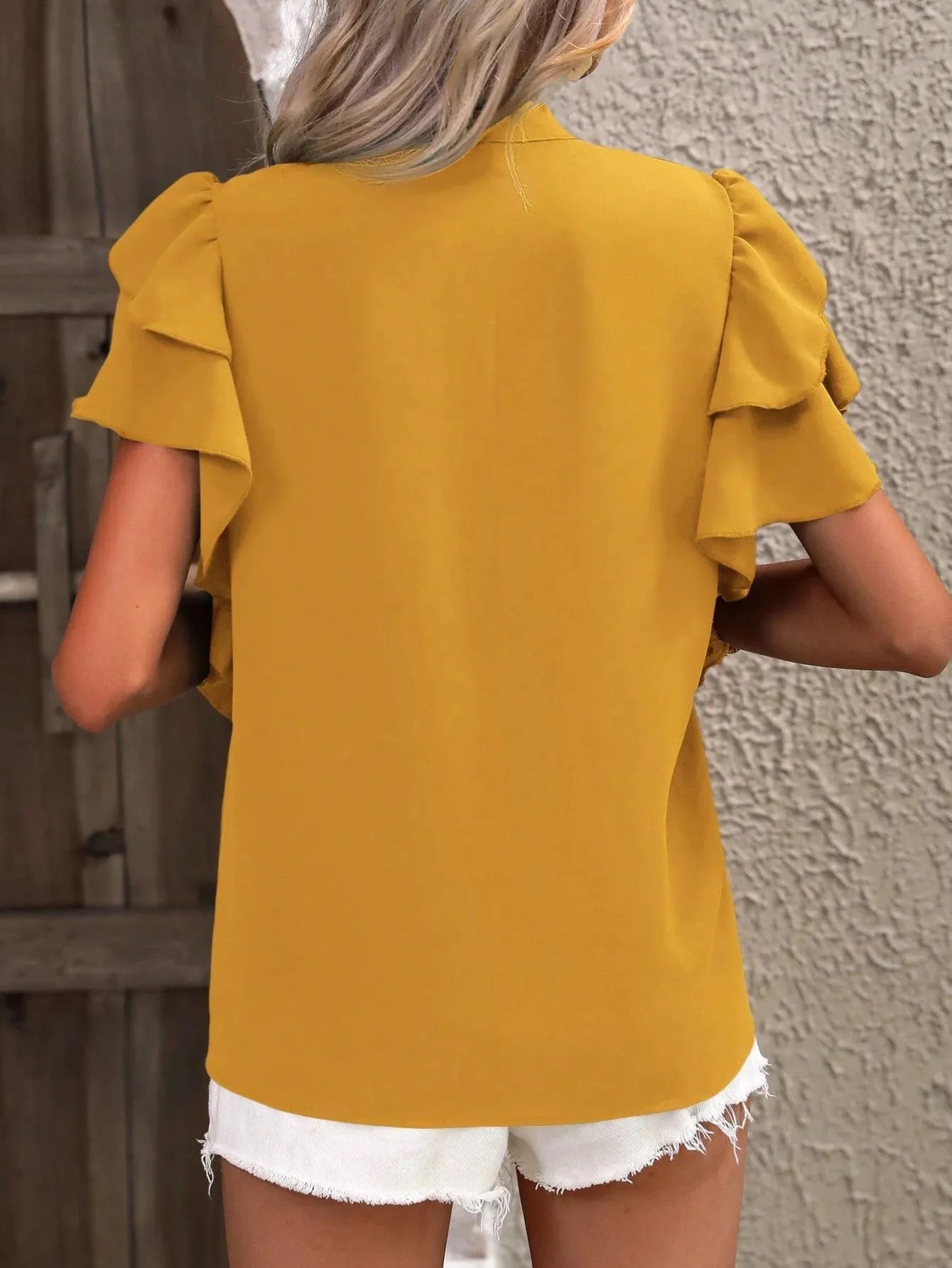 Ruffle Sleeve Notched Blouse OutfitFlow