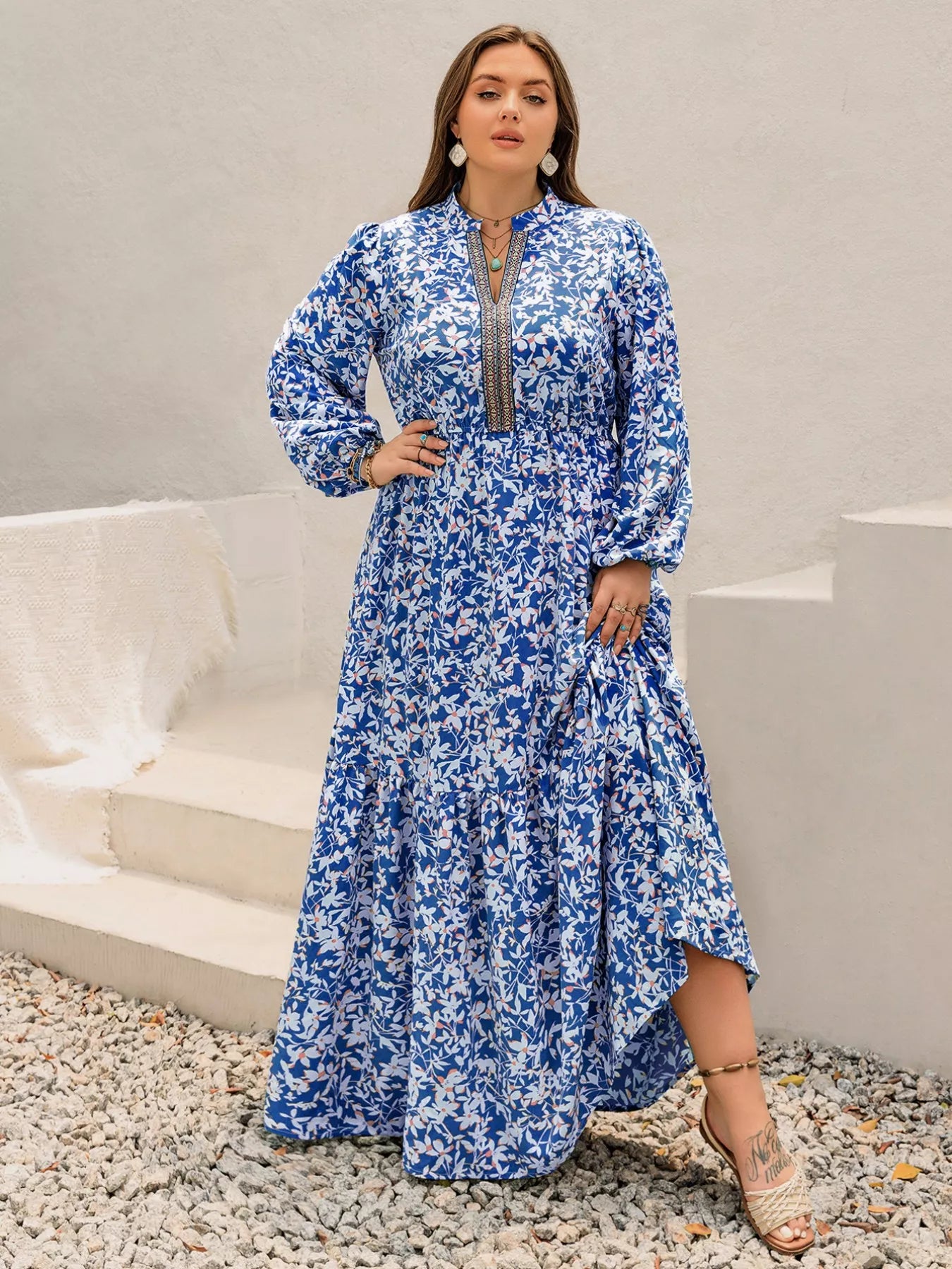Plus Size Floral Print Bohemian Maxi Dress OutfitFlow