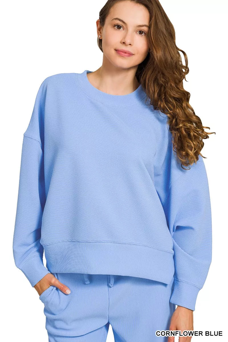 Zenana Ribbed Round Neck Pullover and Drawstring Pants Set OutfitFlow