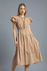 Umgee Ruffled Cap Sleeve Midi Dress with Contrast Trim Detail Tan OutfitFlow