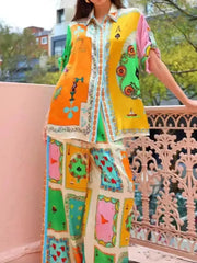 Colorful Print Shirt and Pants Two-Piece Set OutfitFlow