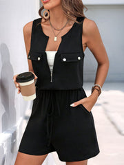 Perfee Drawstring Half Zip Sleeveless Romper