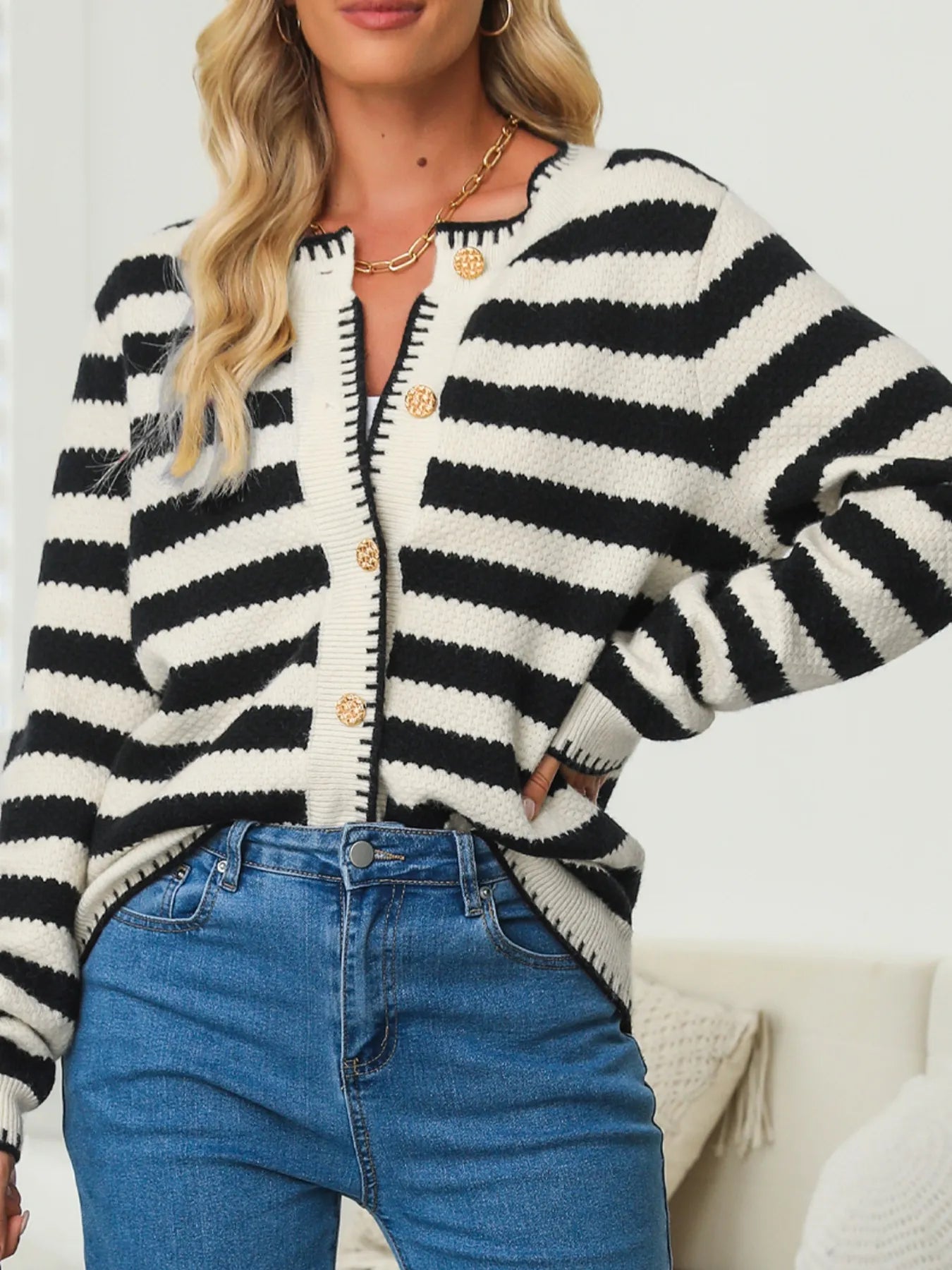Button Down Striped Long Sleeve Cardigan OutfitFlow