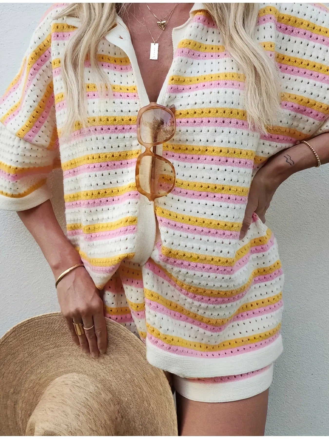 Colorful Striped Button Up Top and Shorts Sweater Set OutfitFlow