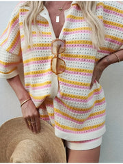 Colorful Striped Button Up Top and Shorts Sweater Set OutfitFlow
