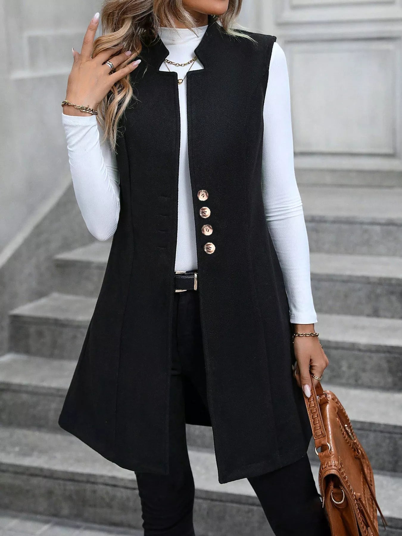 Button-Down Longline Vest Coat Trendsi