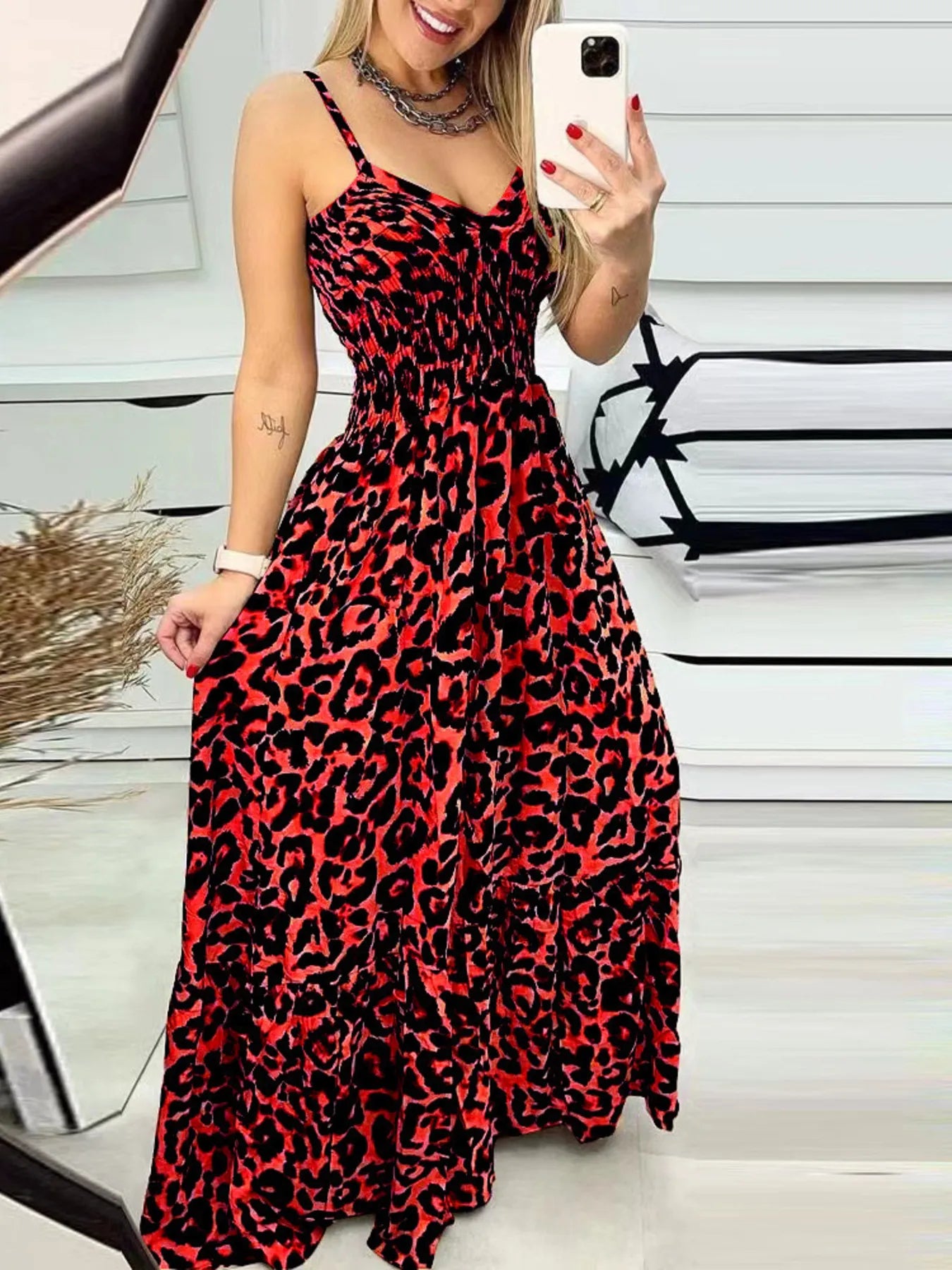 Full Size Leopard Print Spaghetti Strap Maxi Dress Plus Size Scarlet OutfitFlow