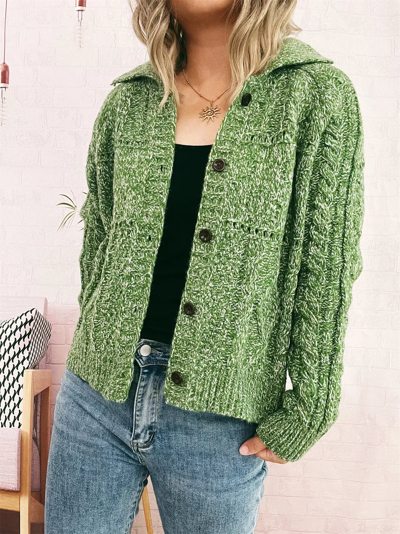 Openwork Cable Knit Button-Up Cardigan OutfitFlow