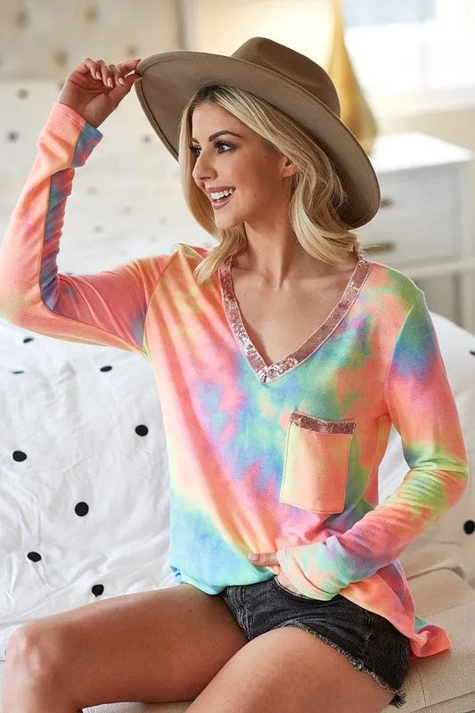 BiBi Tie Dye V-neck Terry Knit Top With Sequins PASTEL TIE DYE OutfitFlow
