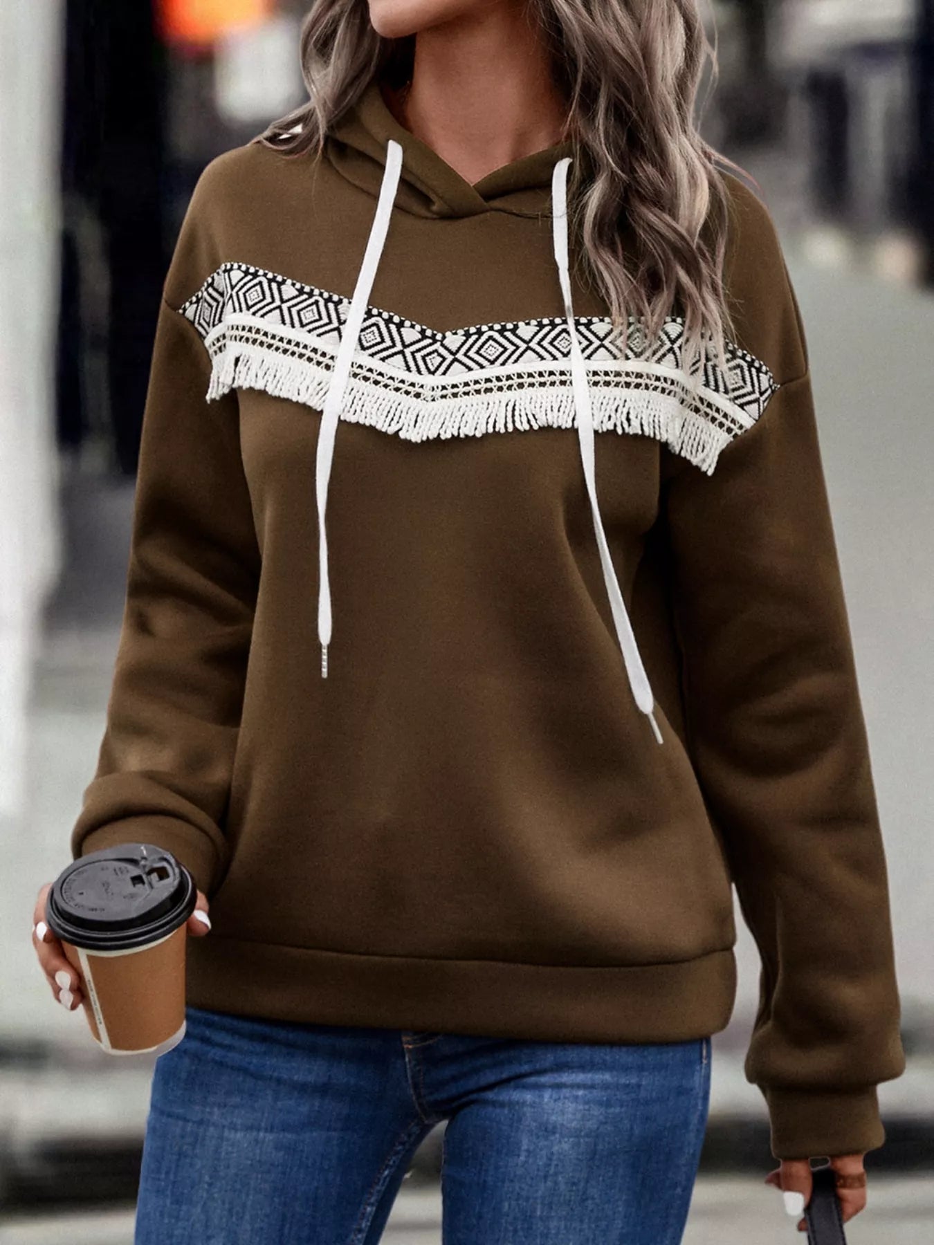 Fringe Detail Long Sleeve Drawstring Hoodie OutfitFlow