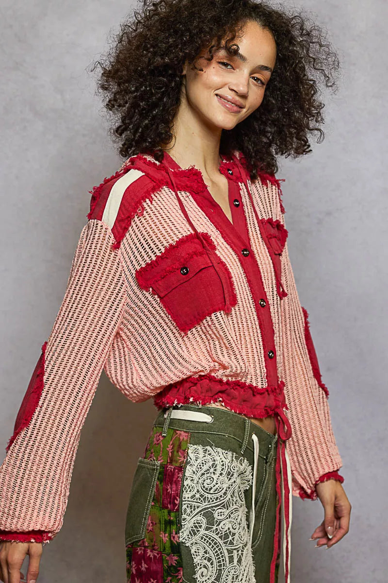 POL Texture Woven Button Down Hooded Shirt with Drawstring Hem OutfitFlow